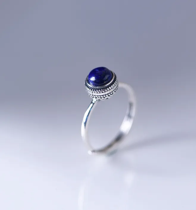 Silver Vintage Lapis Lazuli Ring - Adjustable Band for Women 2032