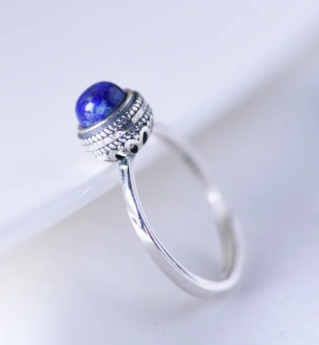 Silver Vintage Lapis Lazuli Ring - Adjustable Band for Women 2032