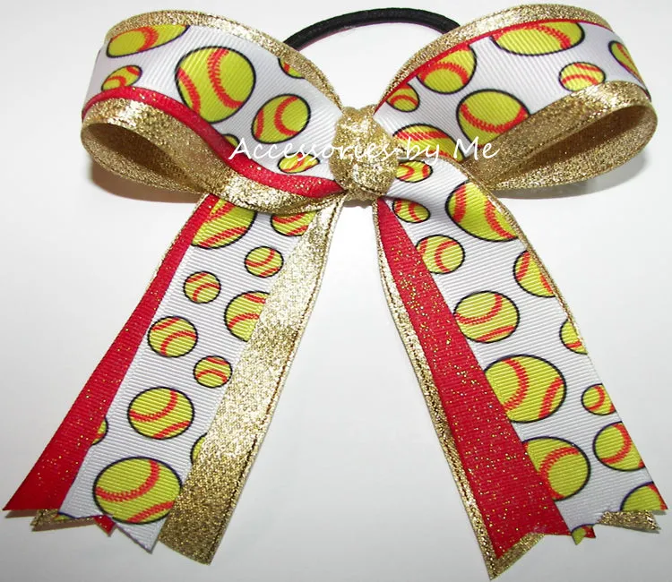 Sparkly Softball Red Gold Metallic Ponytail Bow