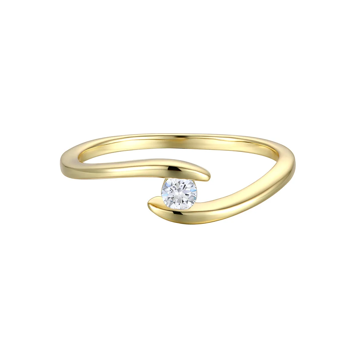 Sterling Silver 14k Yellow Gold Plated with 0.10ctw Lab Created Moissanite Promise Engagement Stacking Wavy Bypass  Minimalistic Ring