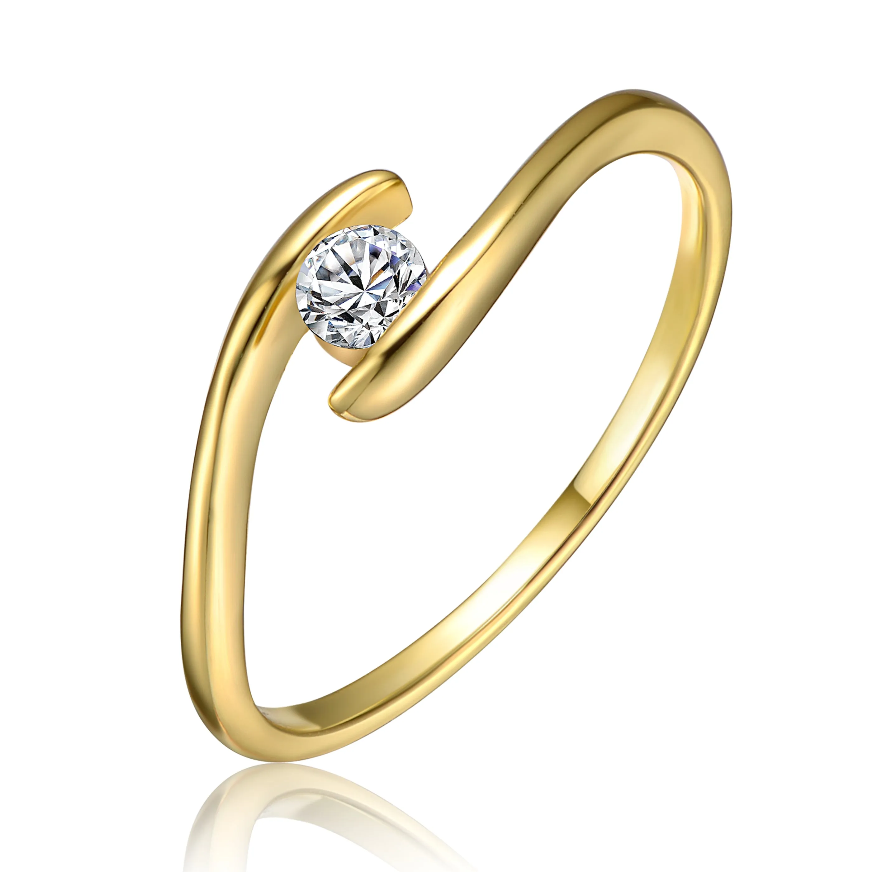 Sterling Silver 14k Yellow Gold Plated with 0.10ctw Lab Created Moissanite Promise Engagement Stacking Wavy Bypass  Minimalistic Ring