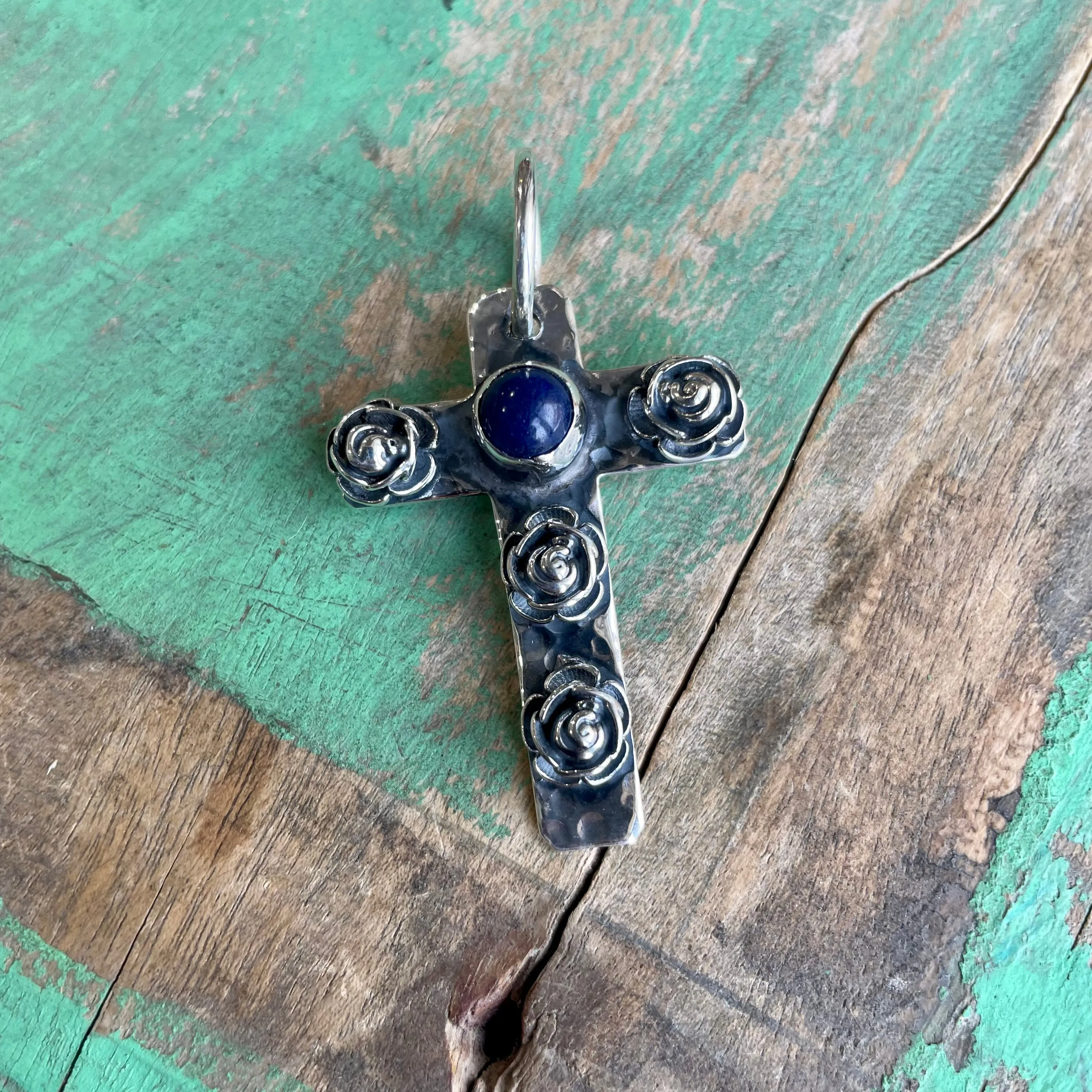 Sterling Silver Lapis Rose Cross