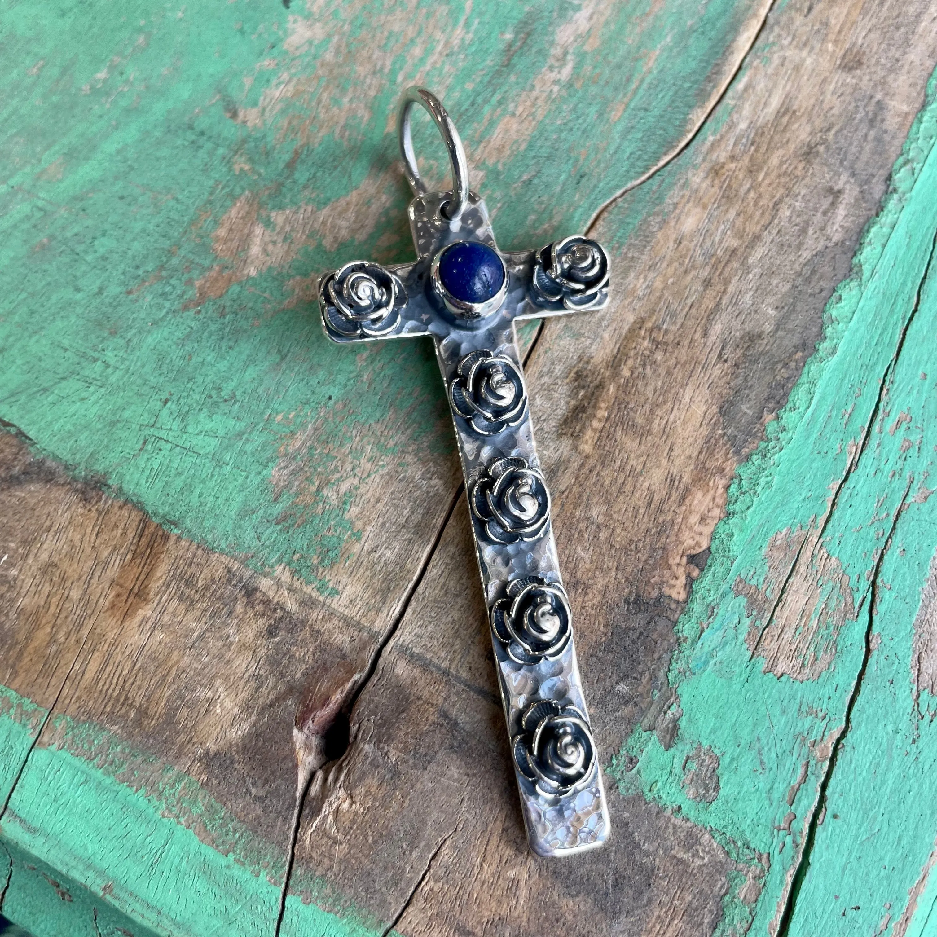 Sterling Silver Lapis Rose Cross