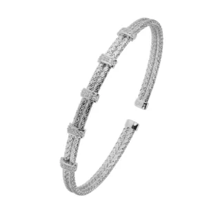 Sterling Silver Mesh Five CZ Bar Flex Cuff Bracelet (SI5288)