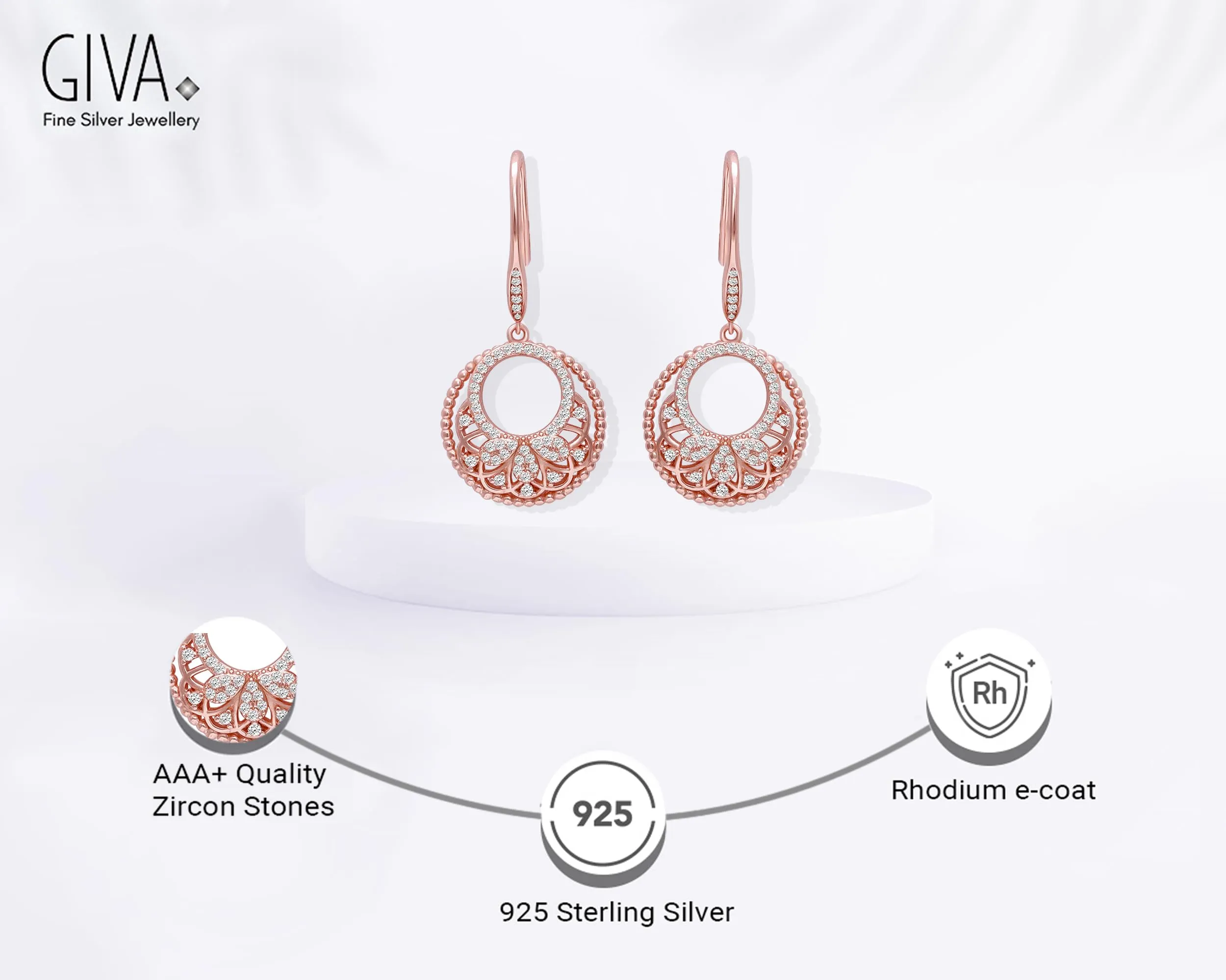 Sterling Silver Rose Gold Crescent Affair Earring (AAA  Quality Zirconia Stone)