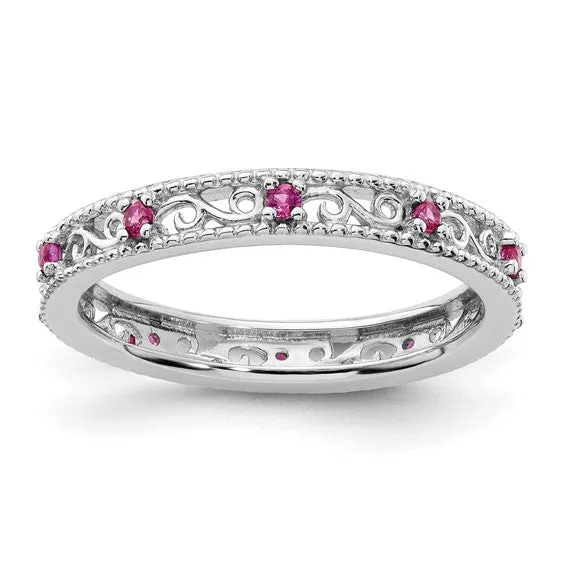 Sterling Silver Stackable Expressions Created Ruby Filigree Ring