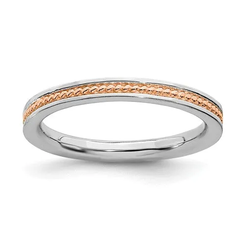 Sterling Silver Stackable Expressions Rose Gold Beaded Channel Ring