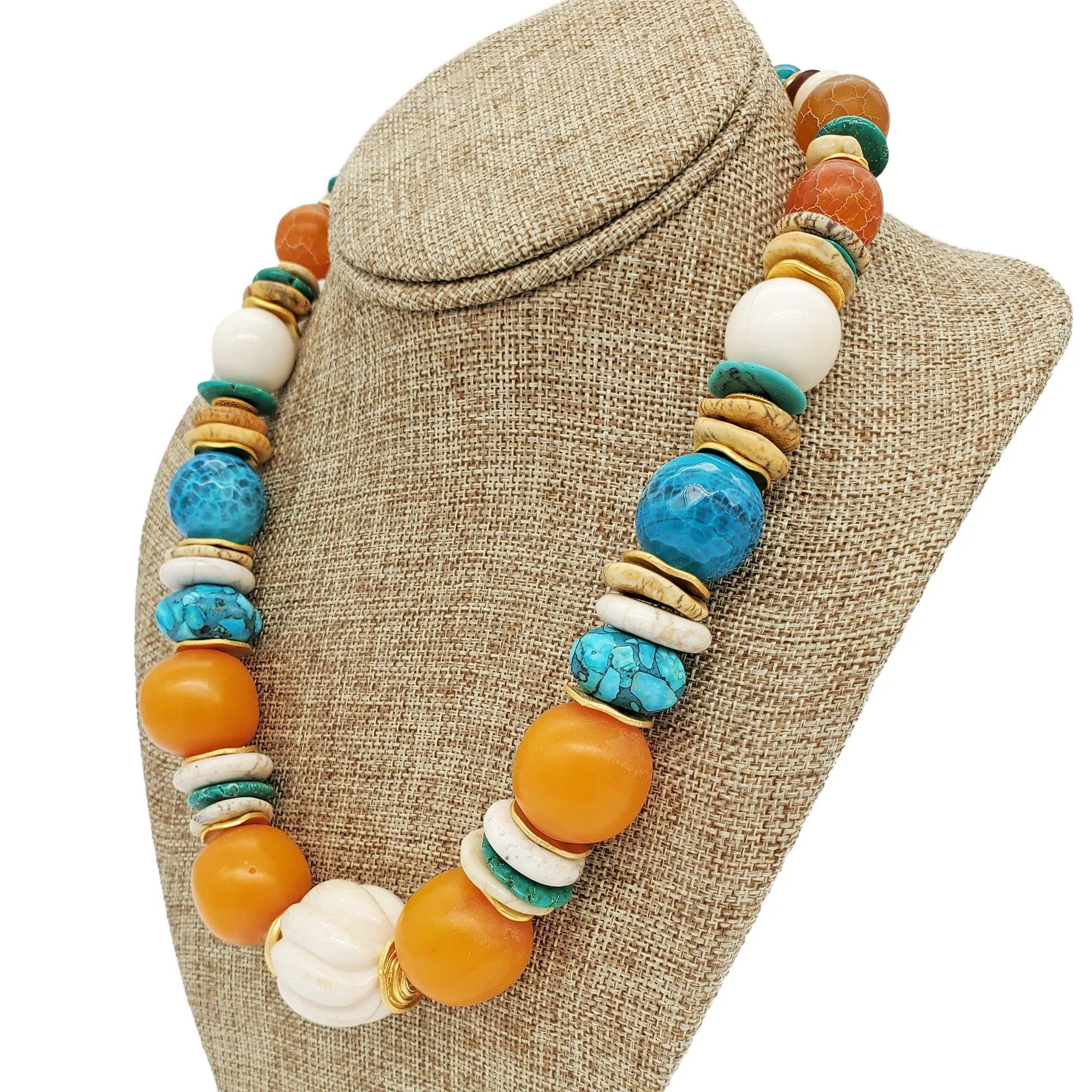 STONE STRUCK JEWELRY Statement Necklace - Amber, Turquoise & Bone New w/Tags