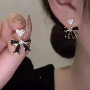 Temperament Bow Korean Fashion Simple Black Bow Love Zircon Accessories Luxury Earring