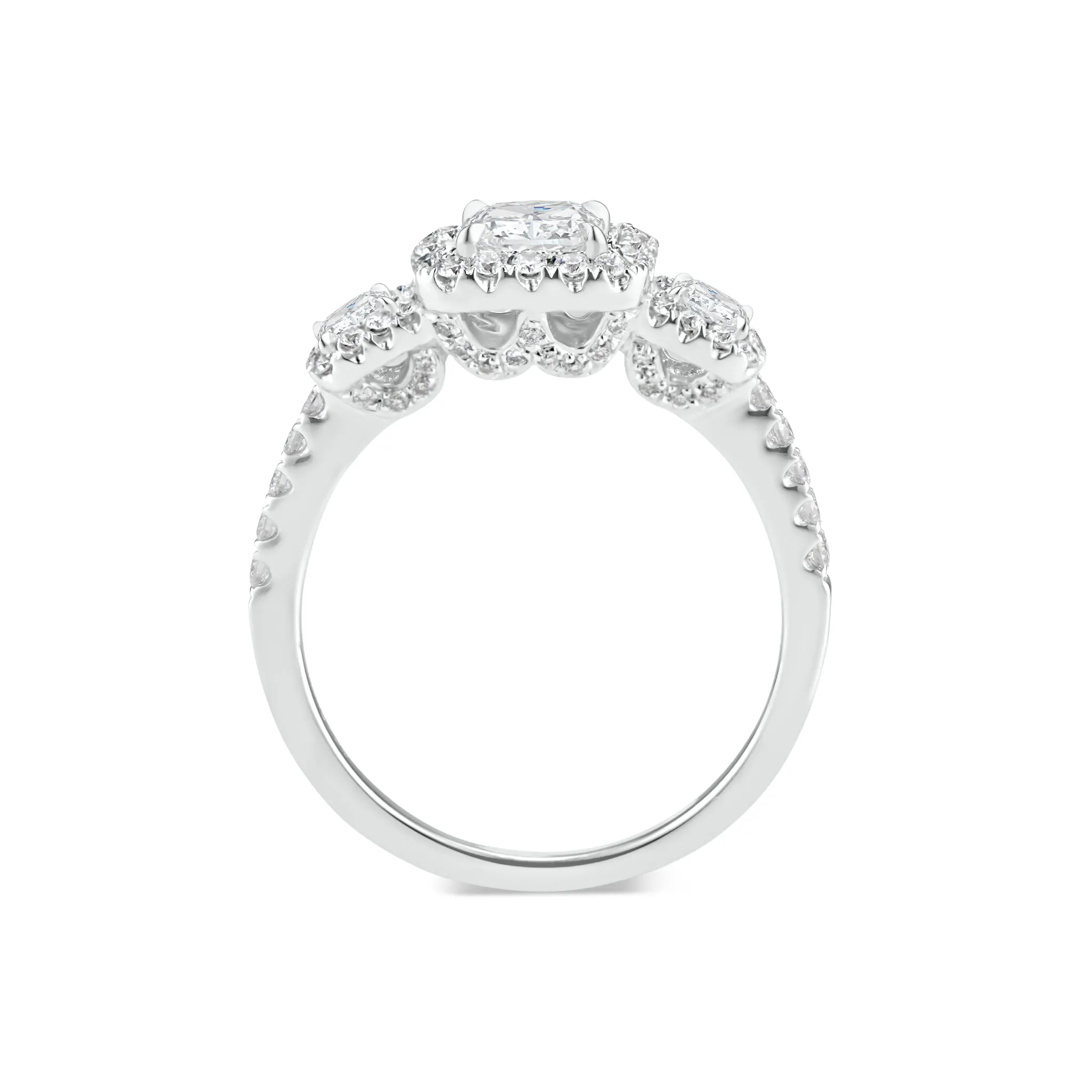 Three-Stone Cushion Halo Diamond Engagement Ring