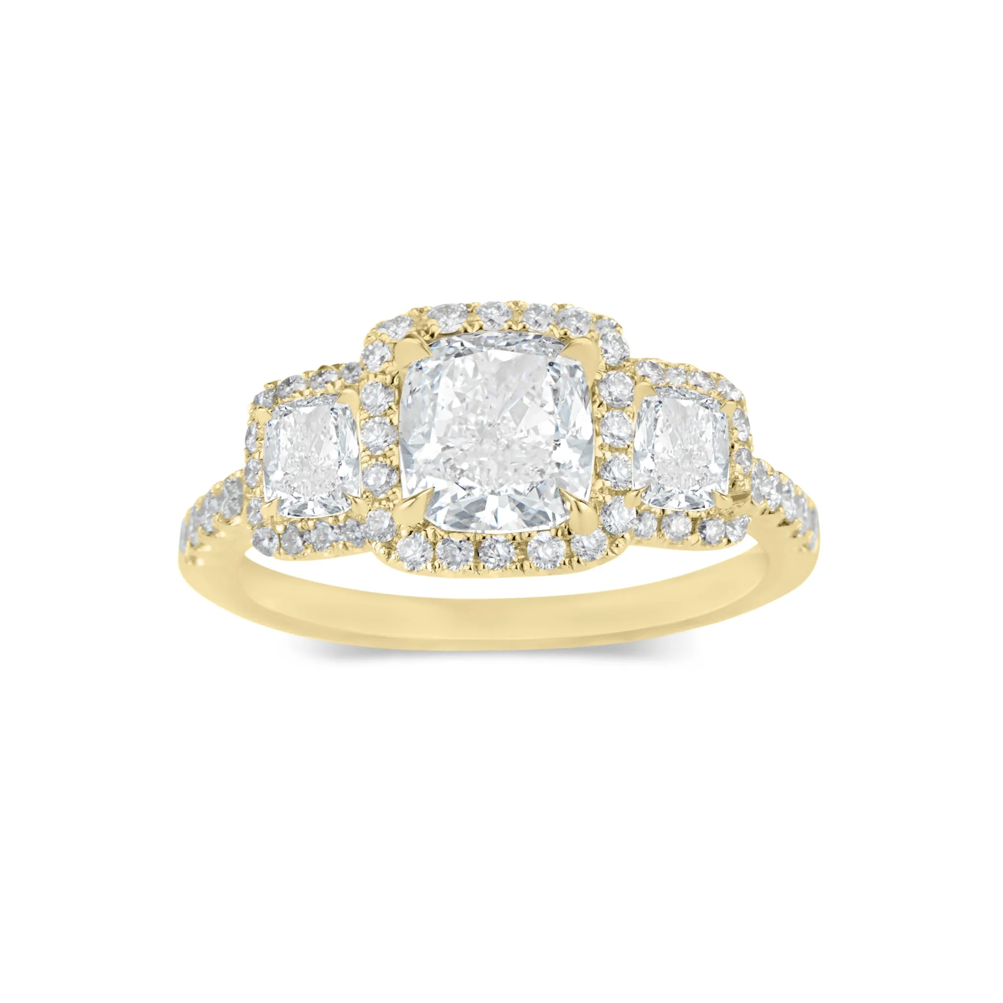 Three-Stone Cushion Halo Diamond Engagement Ring