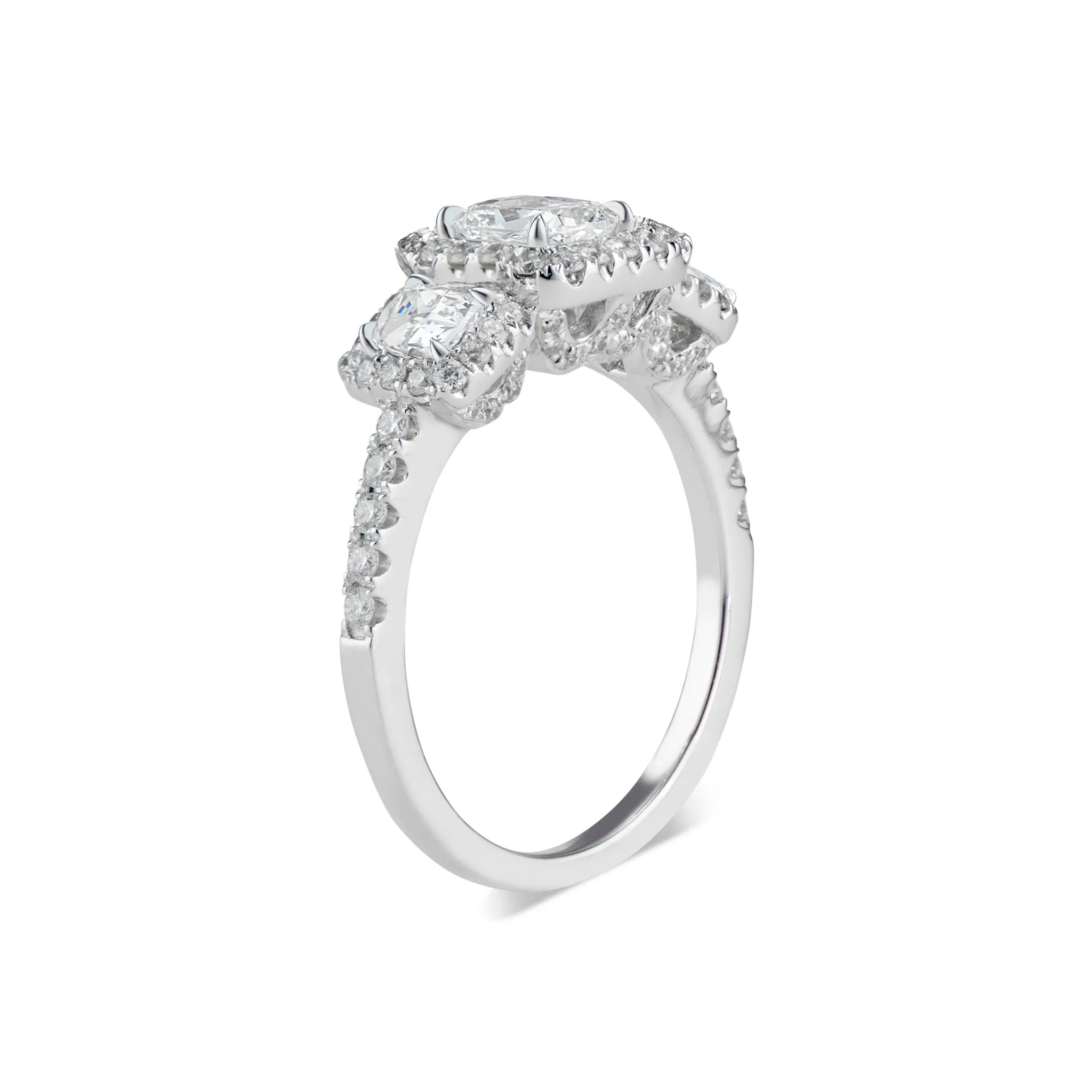 Three-Stone Cushion Halo Diamond Engagement Ring