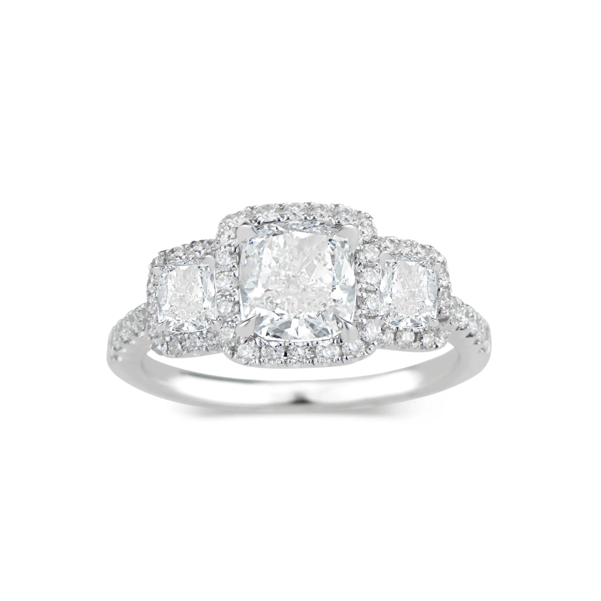 Three-Stone Cushion Halo Diamond Engagement Ring