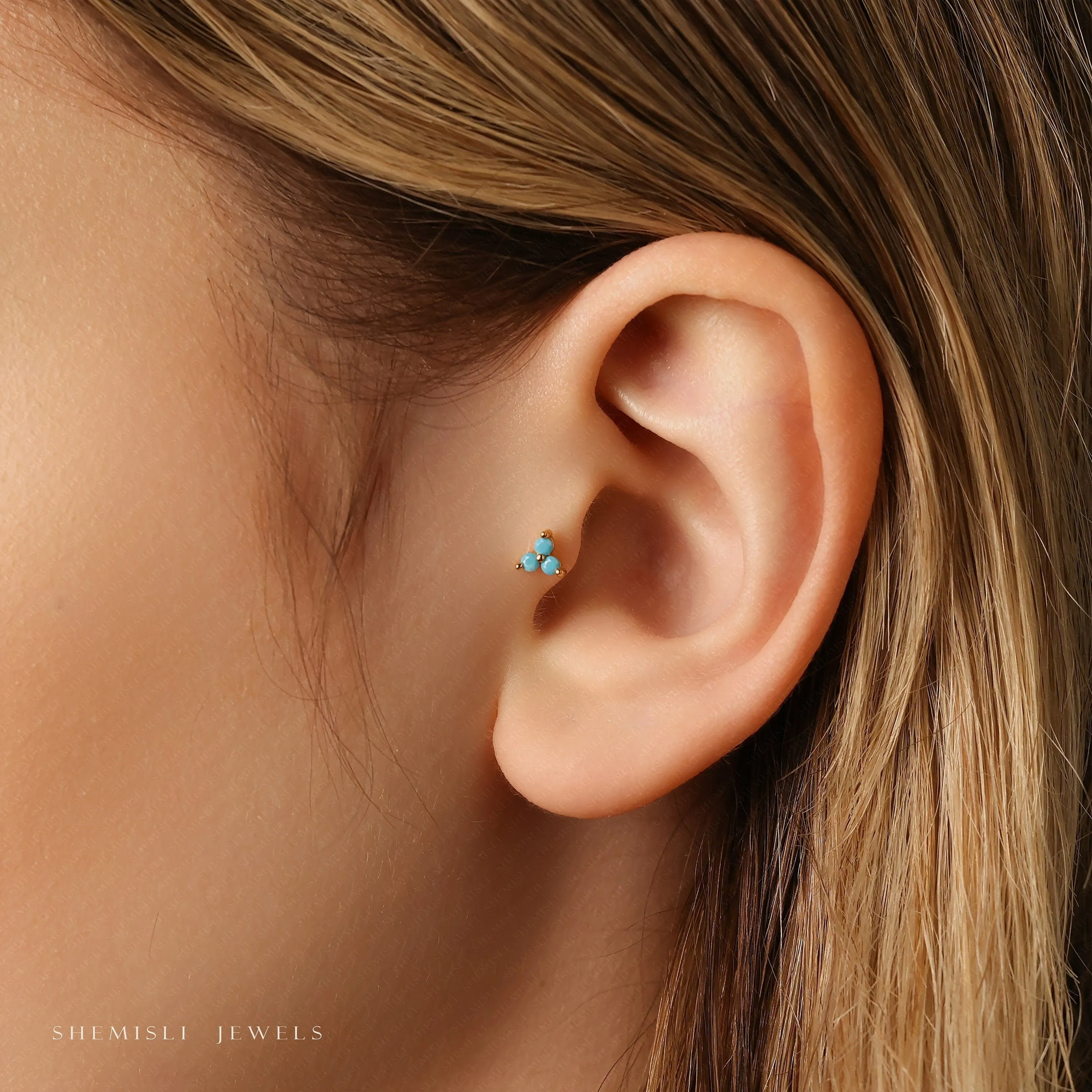 Tiny 3-Petal Turquoise Flower Threadless Flat Back Tragus Stud, 20,18,16ga, 5-10mm, Unisex, Surgical Steel, SHEMISLI SS570