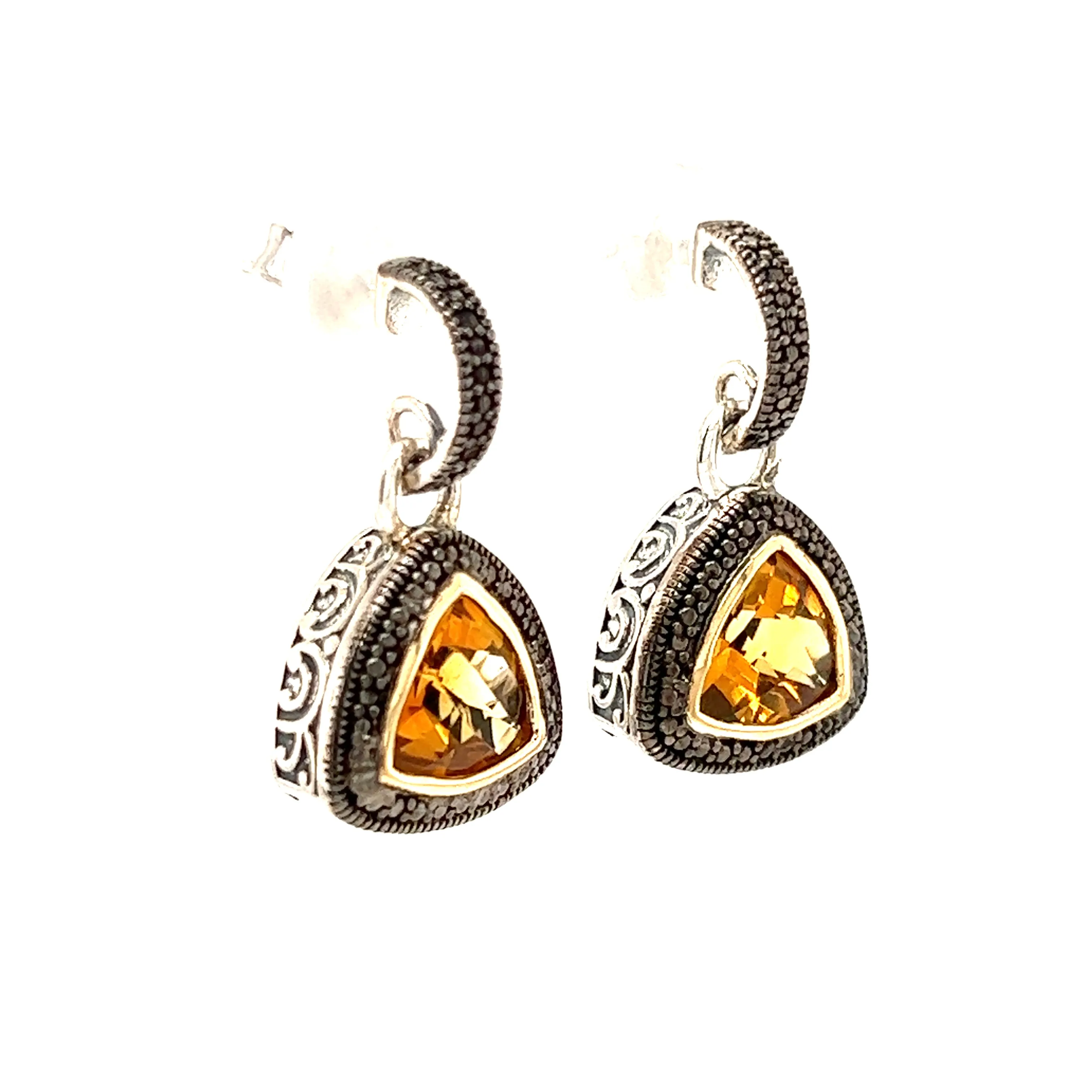 Trillion Citrine Dangle Earrings with 14K Yellow Gold Accent in Sterling Silver