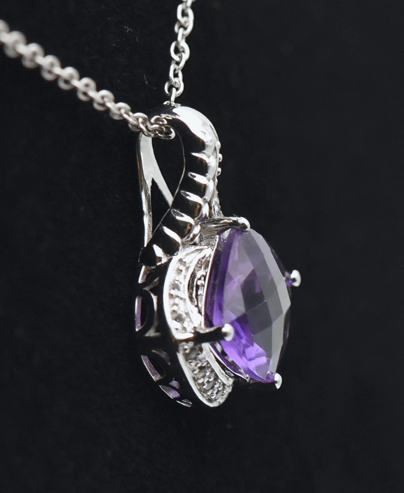 Vintage Amethyst and Rock Crystal Sterling Silver Pendant on Sterling Chain Necklace - 18"