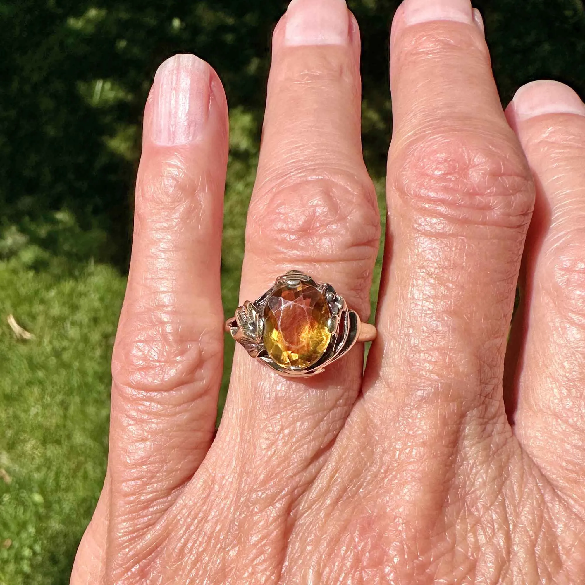 Vintage Gold Flower & Leaf 2.25 CTW Citrine Ring