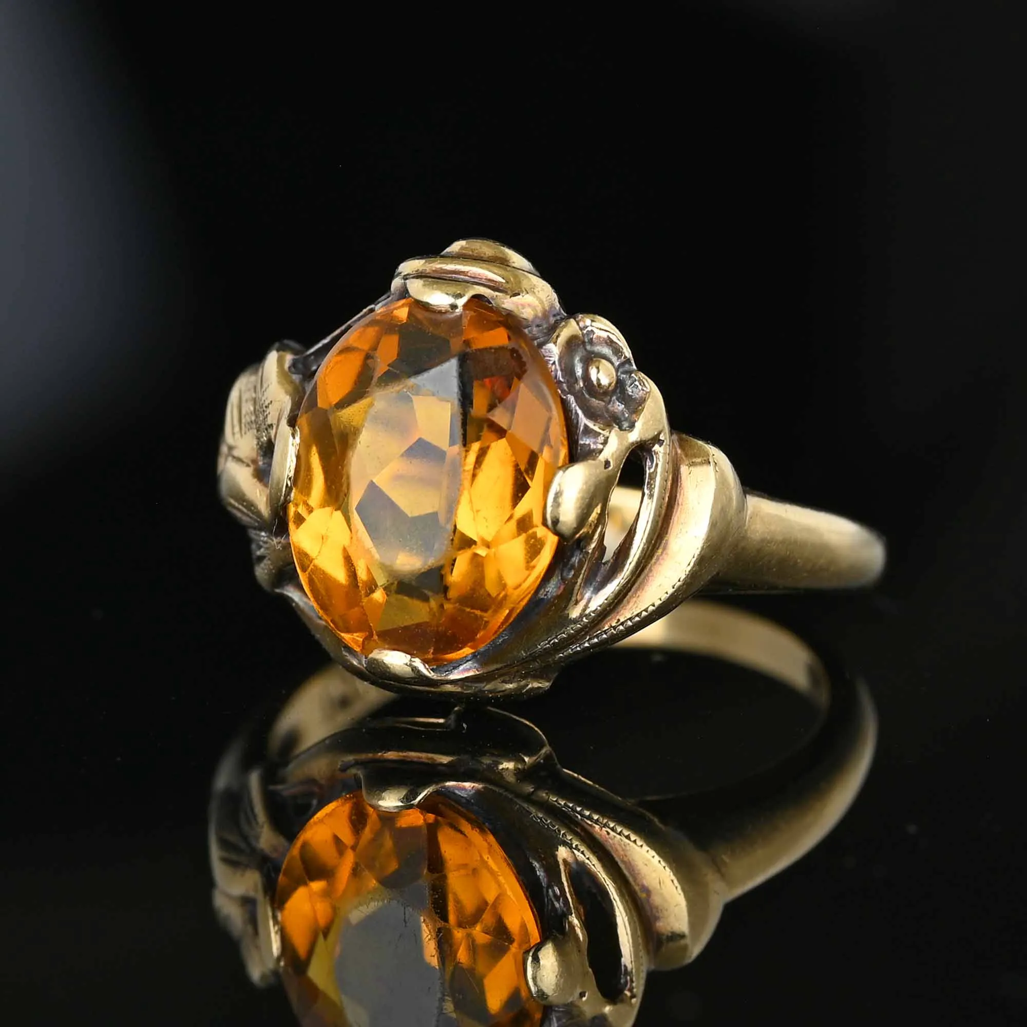 Vintage Gold Flower & Leaf 2.25 CTW Citrine Ring