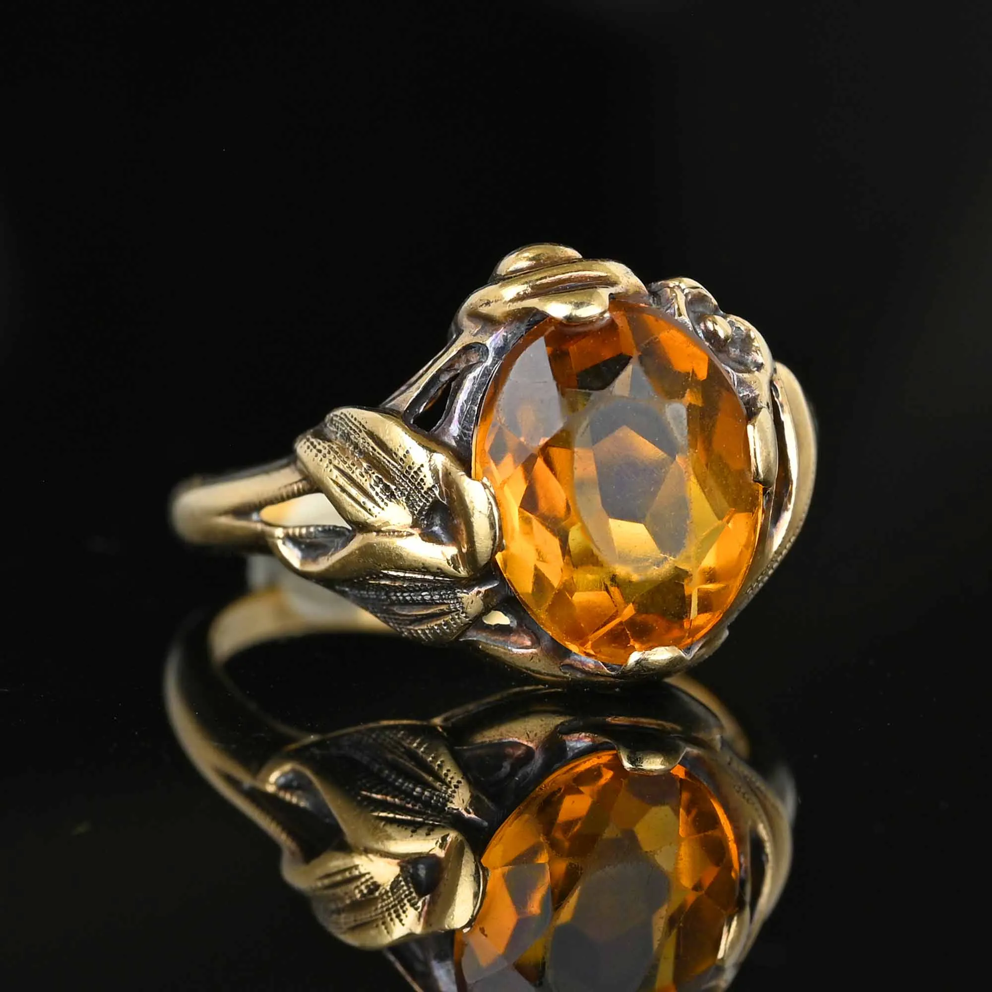 Vintage Gold Flower & Leaf 2.25 CTW Citrine Ring