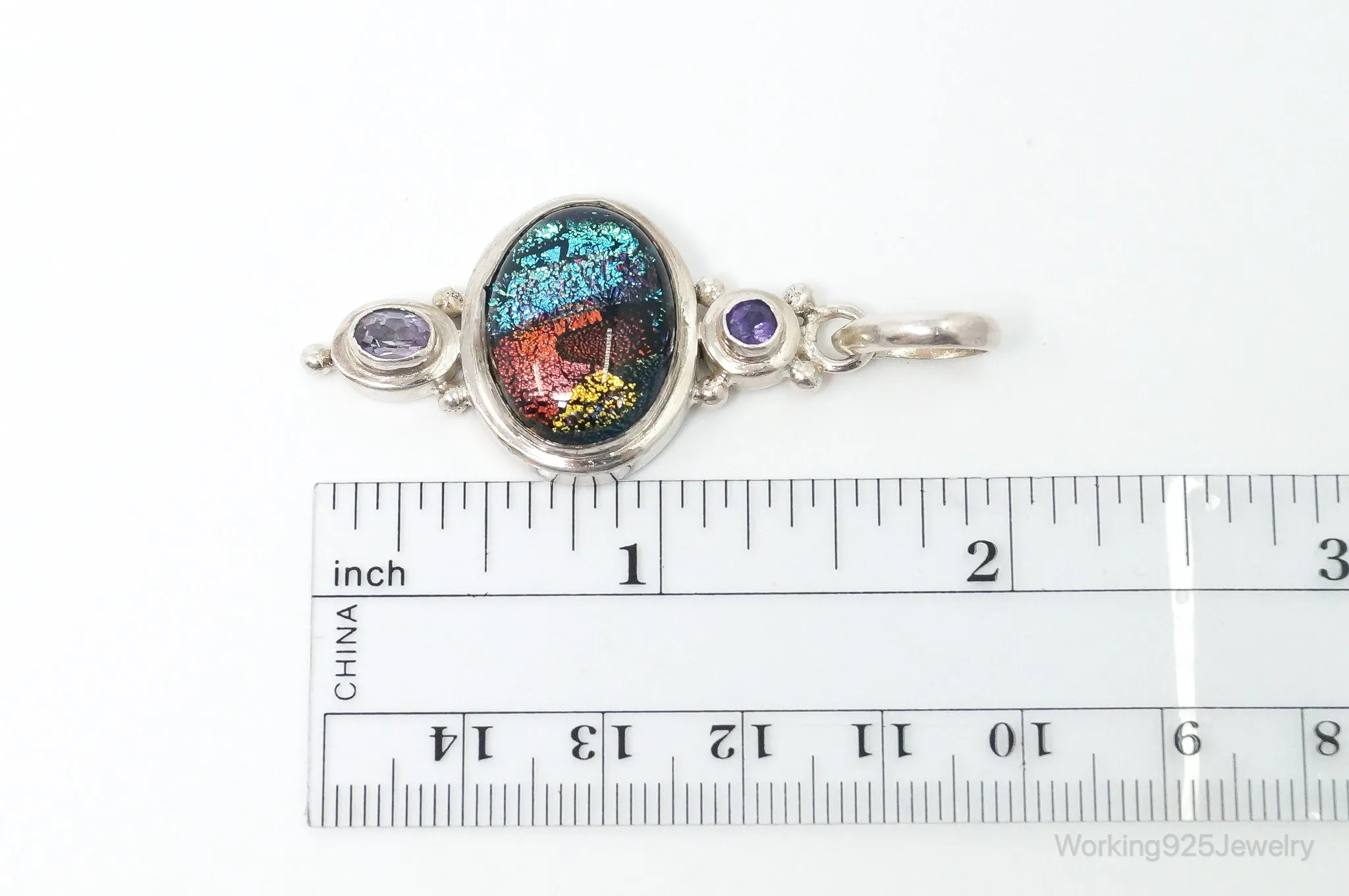 Vintage Large Dichroic Glass Amethyst Sterling Silver Necklace Pendant