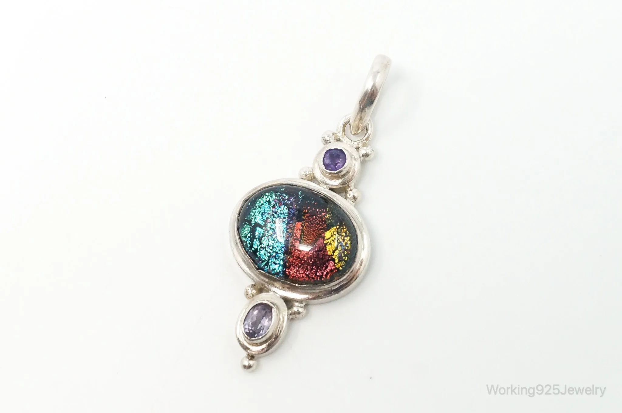 Vintage Large Dichroic Glass Amethyst Sterling Silver Necklace Pendant