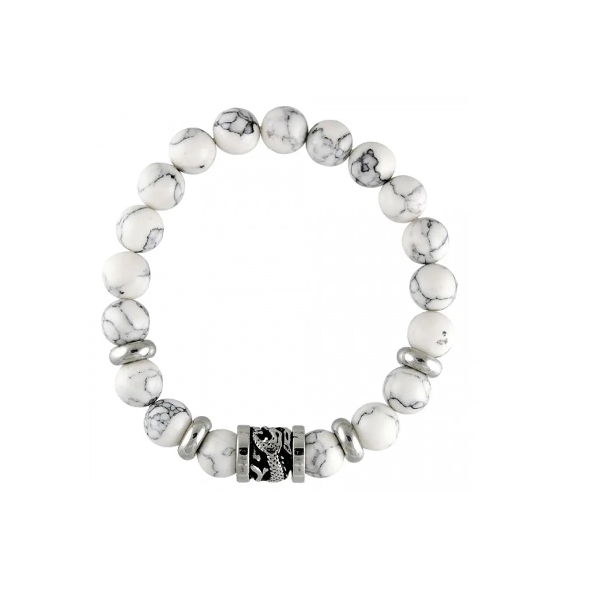 White Marble Stone Beads With Dragon Barrel Stainless Steel Charm Bracelet