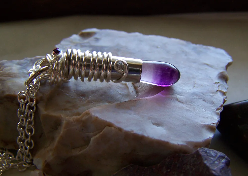 Wire Wrapped Rainbow Fluorite Silver Bullet Jewelry Pendant